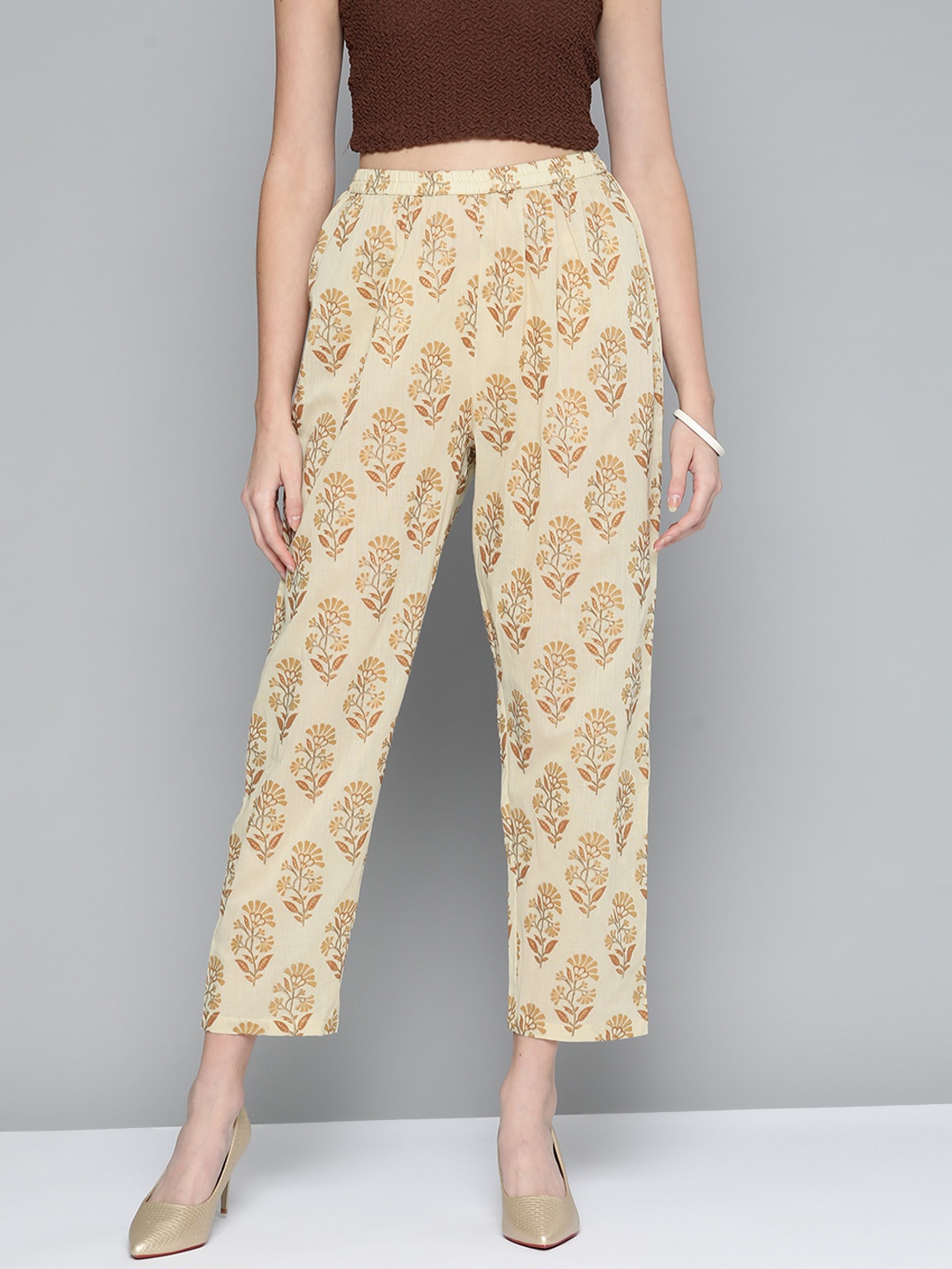 

HERE&NOW Women Mustard Yellow Ethnic Motifs Printed Straight Fit High-Rise Trousers