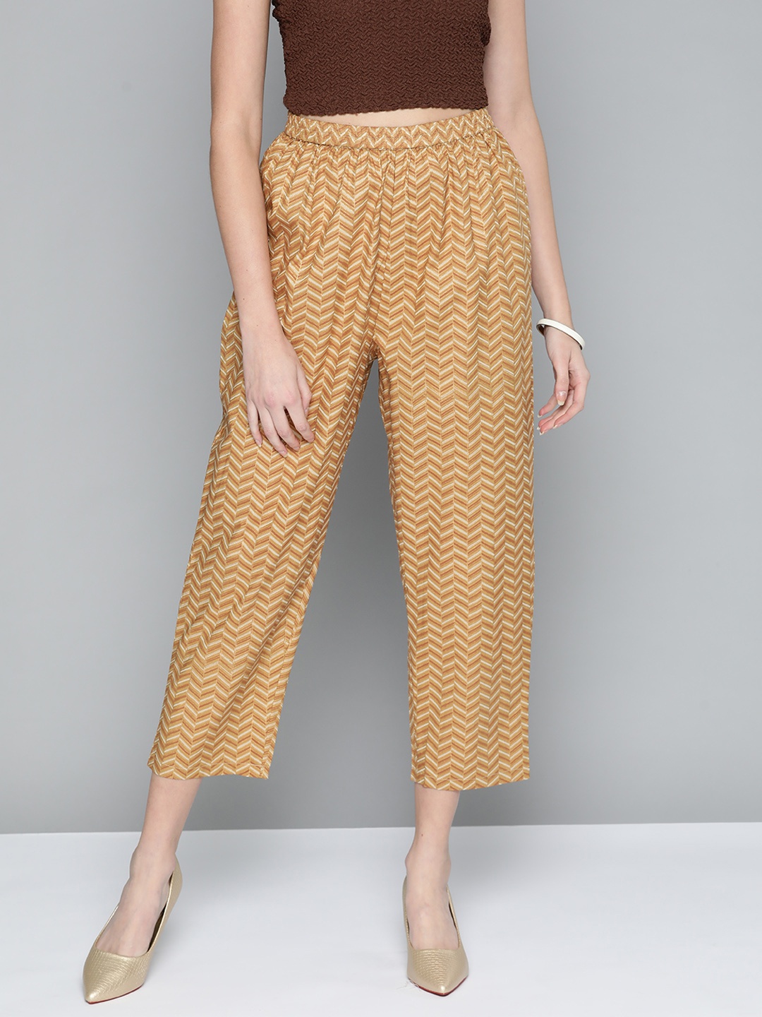 

HERE&NOW Women Mustard Yellow Printed Straight Fit High-Rise Trousers