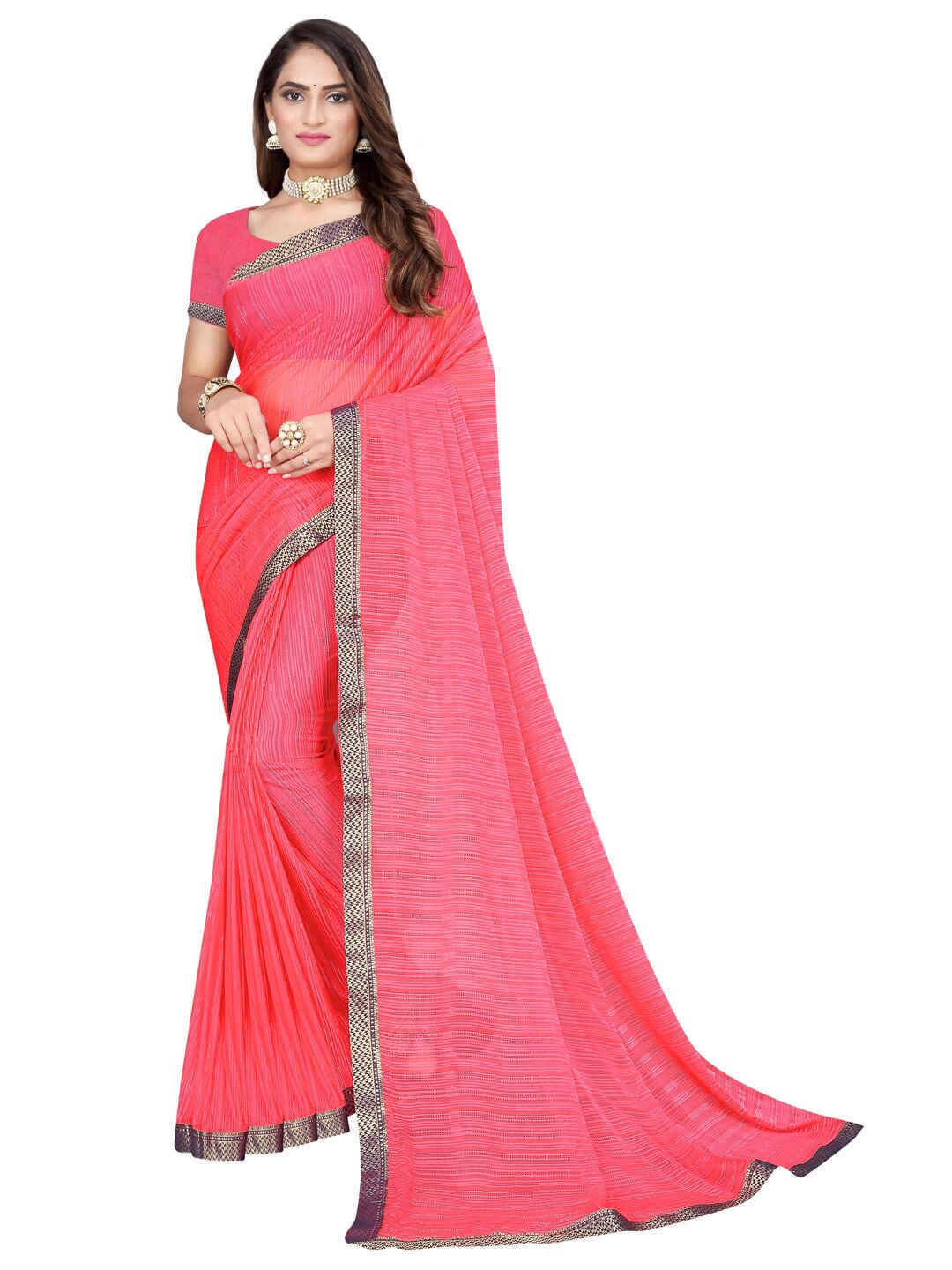 Florence Pink & Navy Blue Striped Zari Silk Cotton Mysore Silk Saree