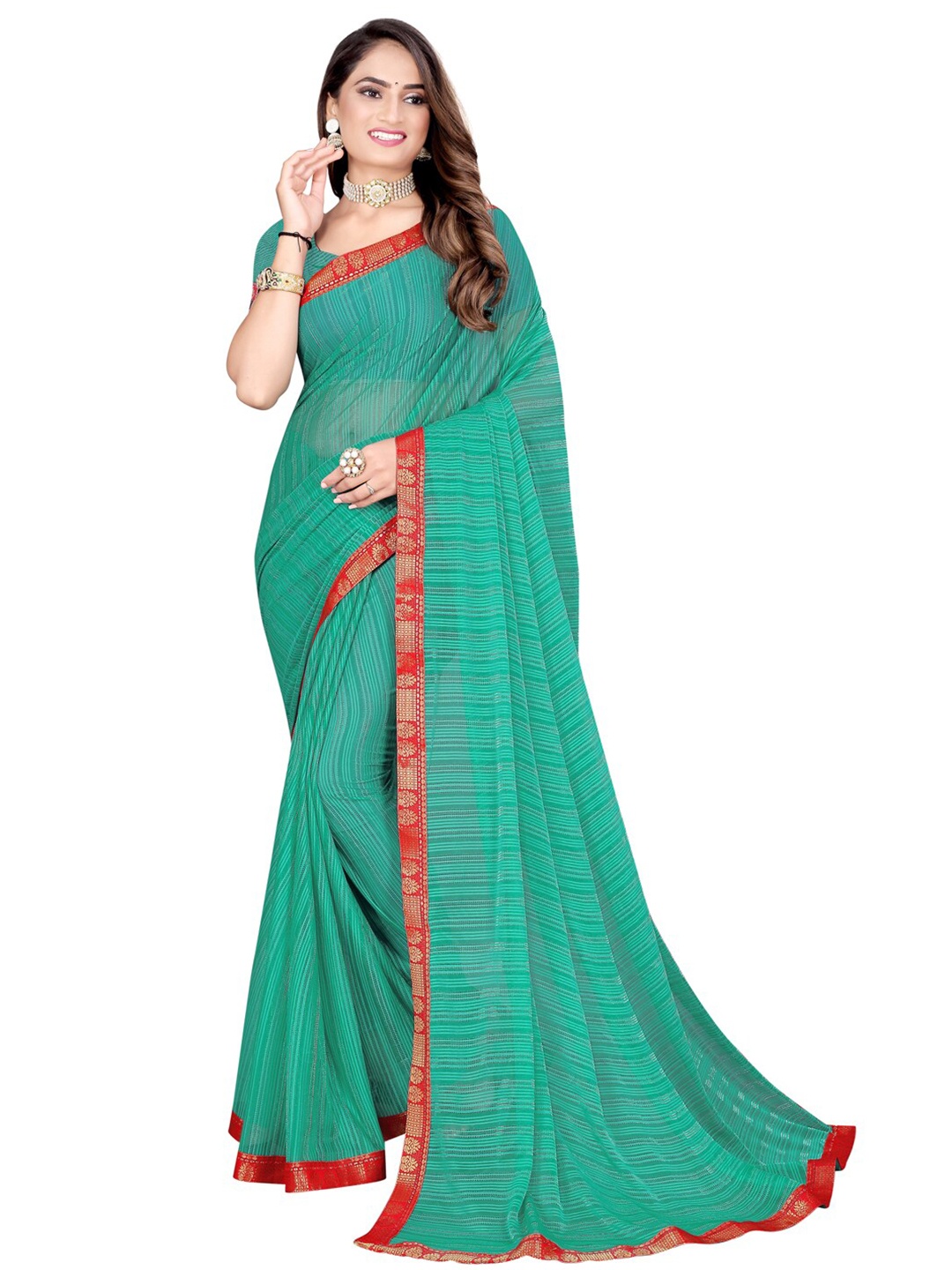 

Florence Green & Red Striped Zari Silk Cotton Mysore Silk Saree