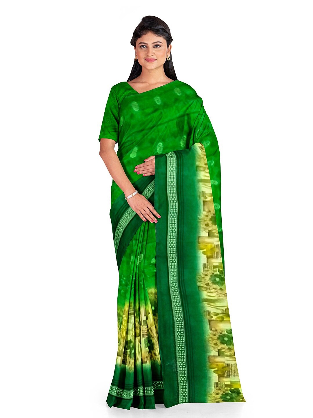 

KALINI Green & Brown Floral Pure Georgette Dharmavaram Saree