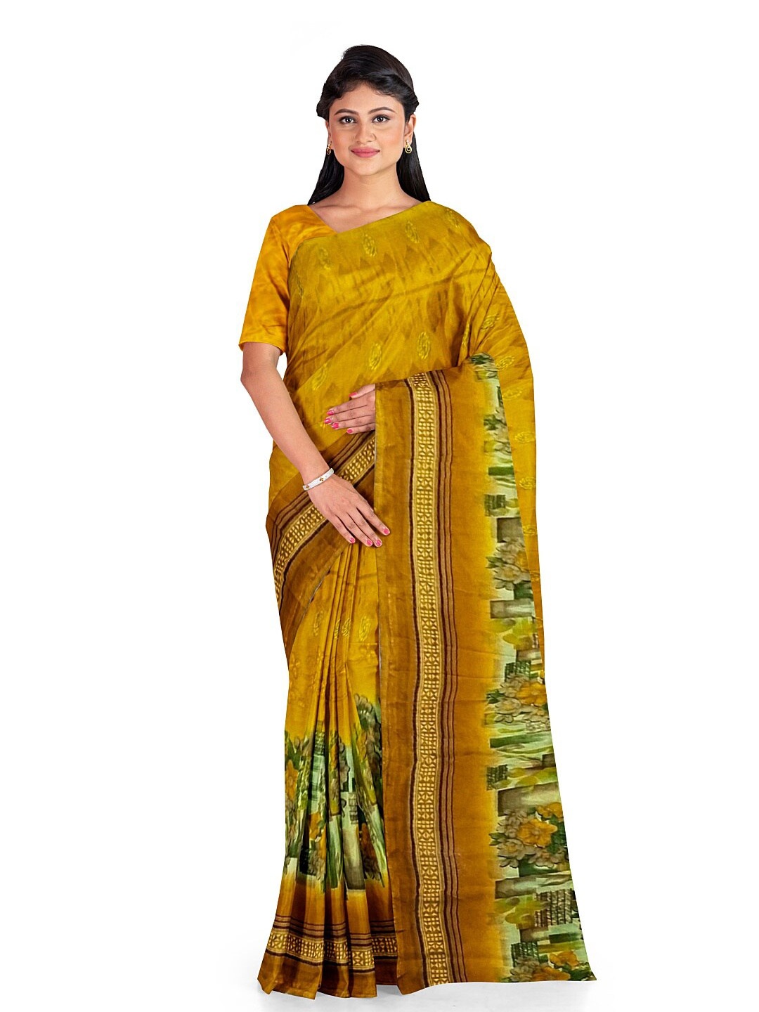 

KALINI Yellow & Green Floral Pure Georgette Fusion Dharmavaram Saree