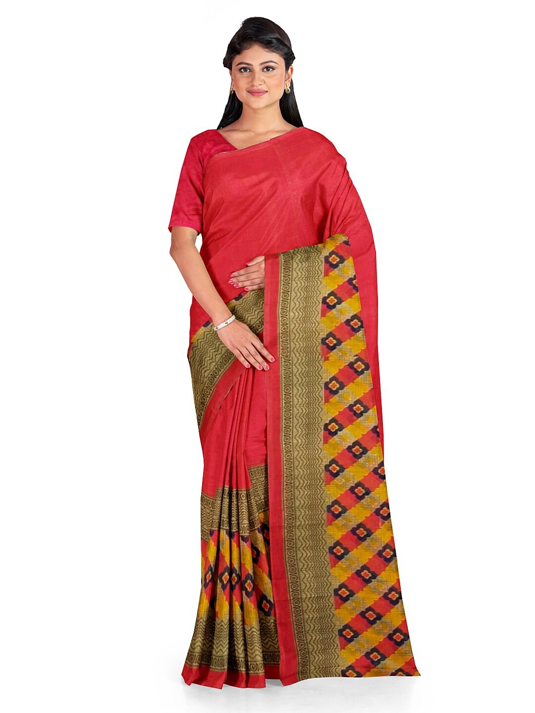 

KALINI Peach-Coloured & Yellow Floral Pure Georgette Dharmavaram Saree
