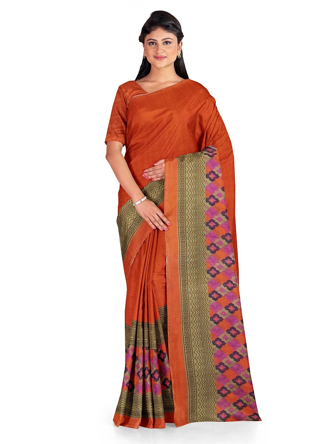 

KALINI Orange & Blue Ethnic Motifs Pure Georgette Dharmavaram Saree