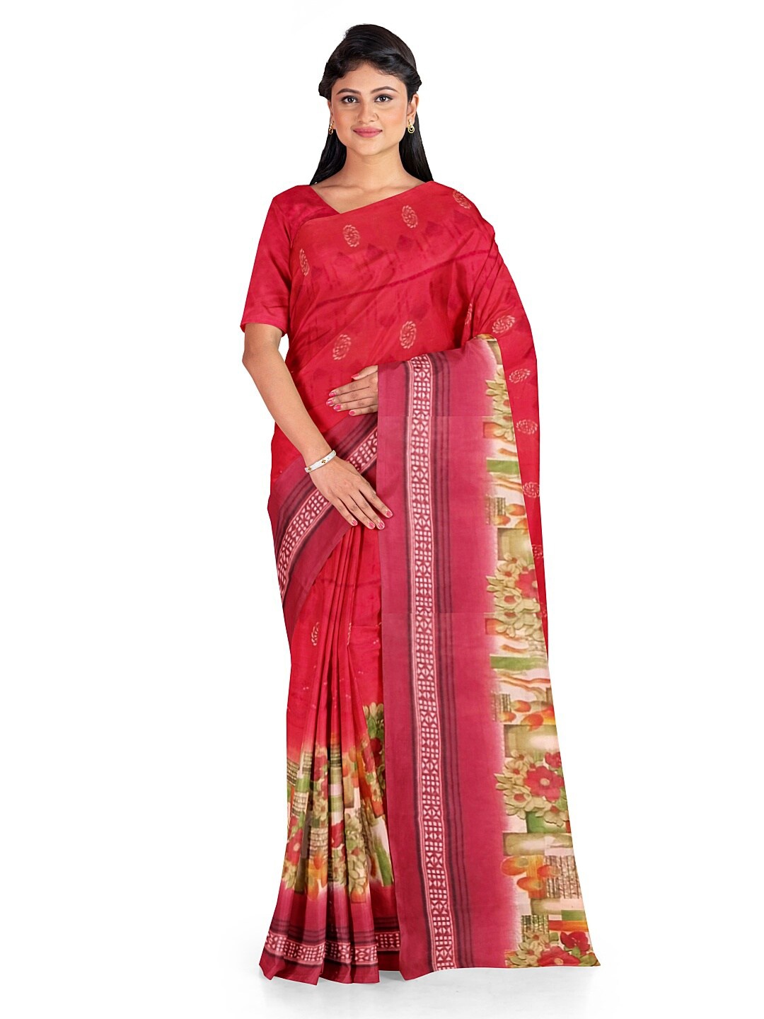 

KALINI Peach-Coloured & Green Floral Pure Georgette Dharmavaram Saree