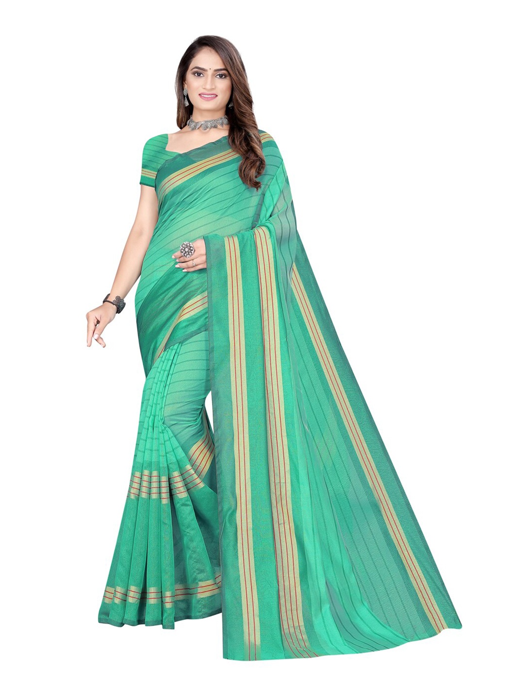 

Florence Green & Beige Cotton Blend Striped Saree