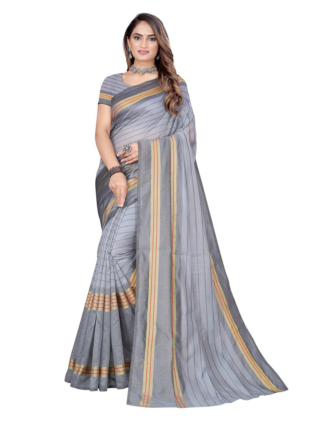 

Florence Grey & Gold-Toned Cotton Blend Striped Saree