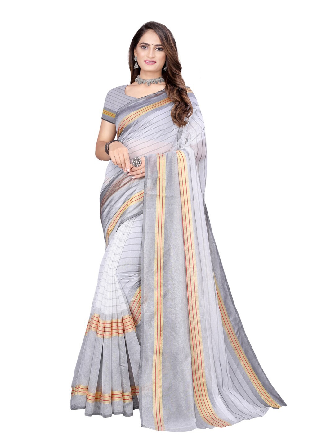 

Florence Off White & Gold-Toned Cotton Blend Striped Saree