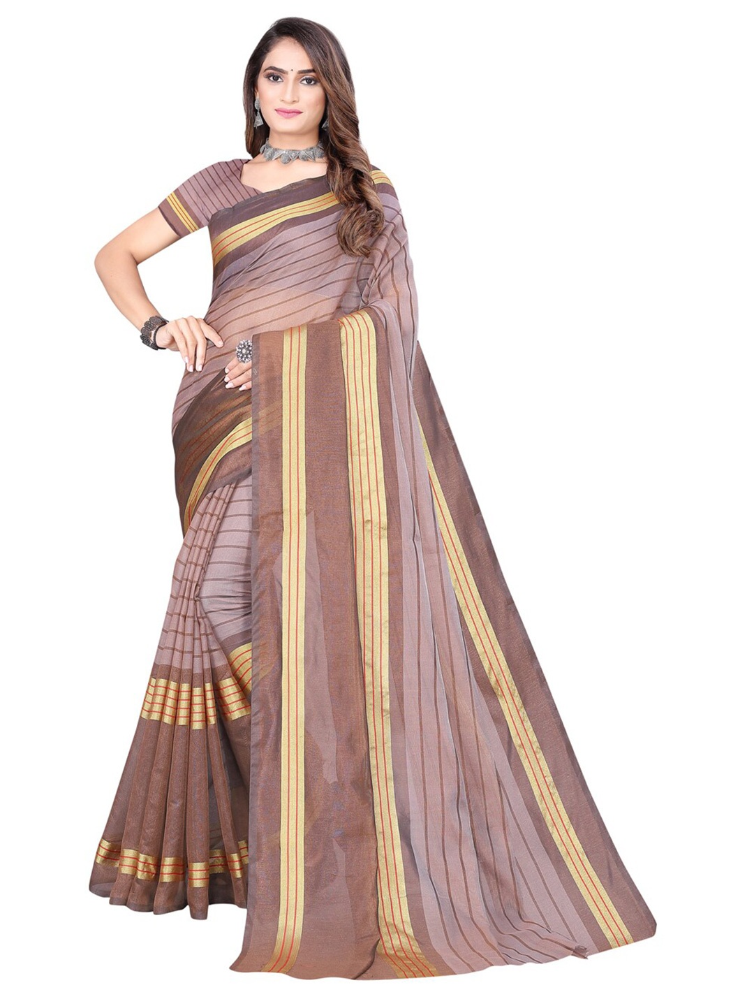 

Florence Brown & Gold-Toned Striped Saree
