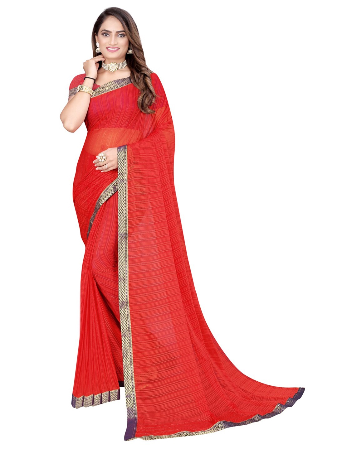 

KALINI Red & Gold-Toned Striped Zari Silk Cotton Mysore Silk Saree