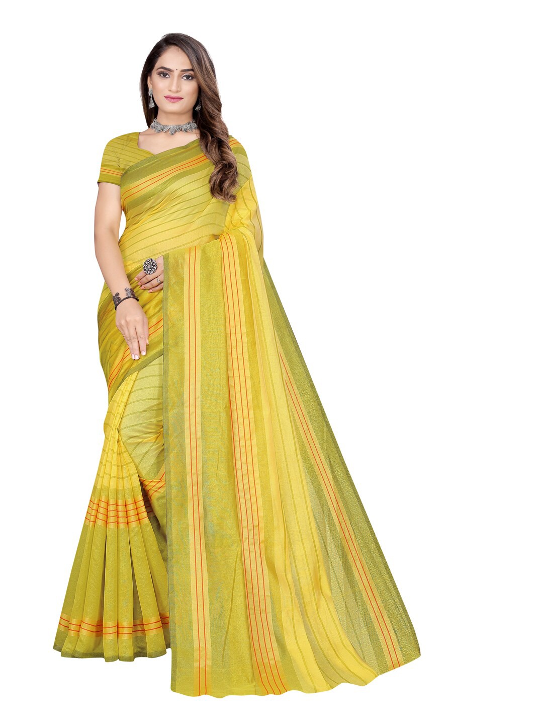 

KALINI Yellow & Gold-Toned Striped Cotton Blend Saree