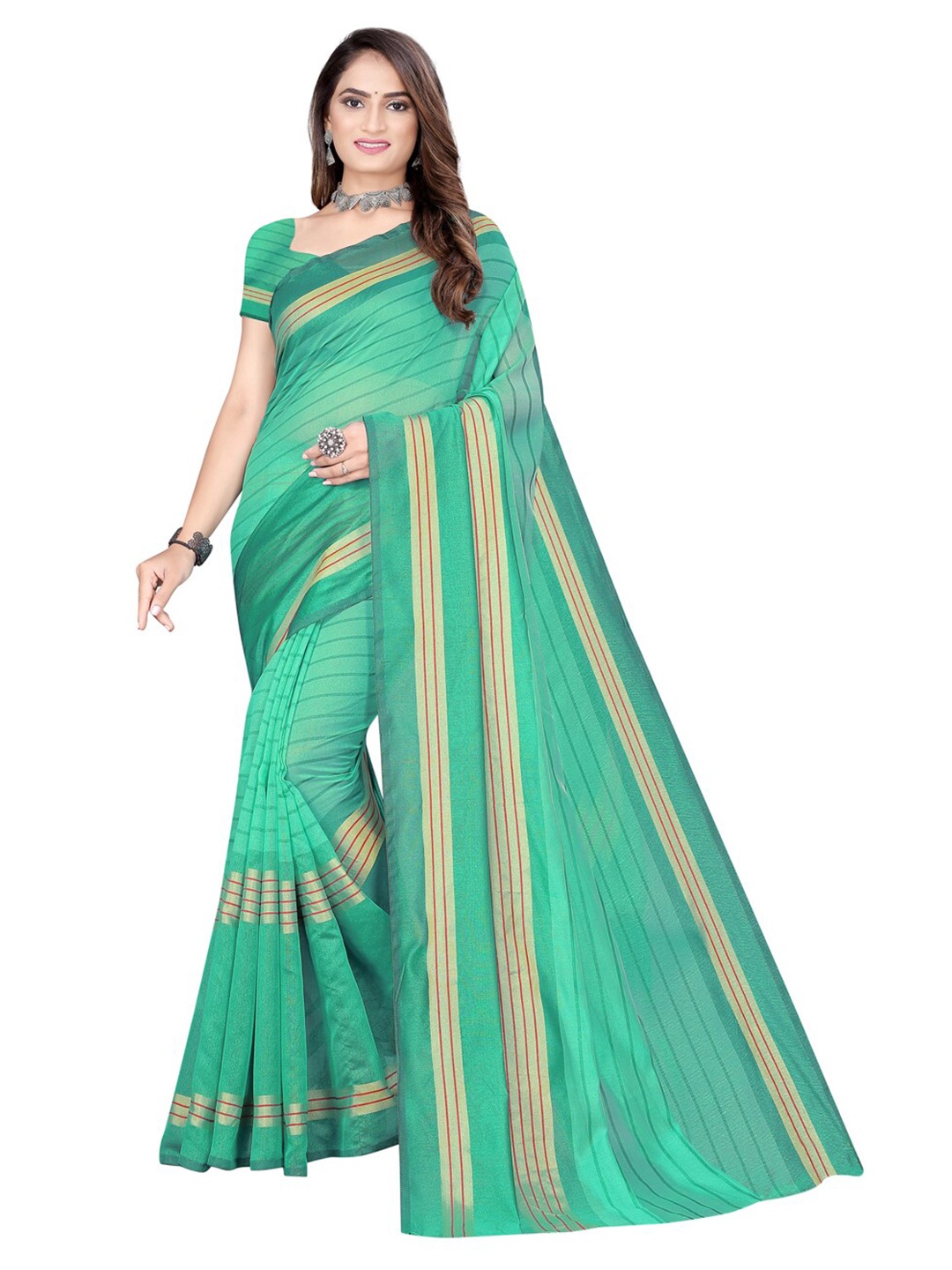 

KALINI Green & Beige Cotton Blend Striped Saree