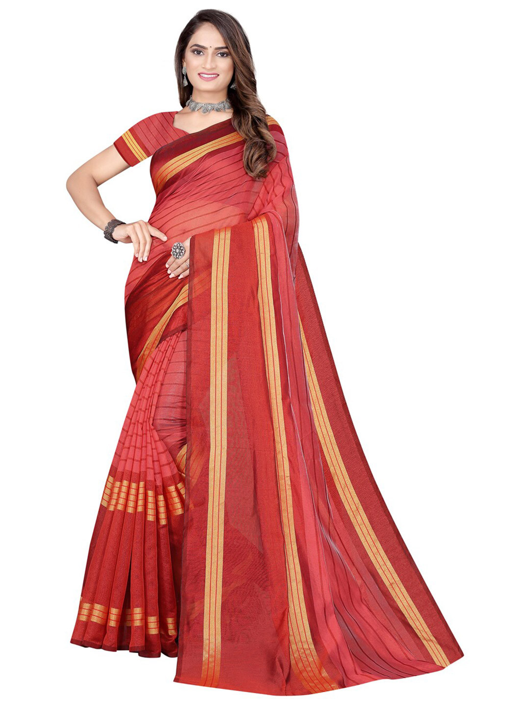 

KALINI Maroon & Beige Striped Saree