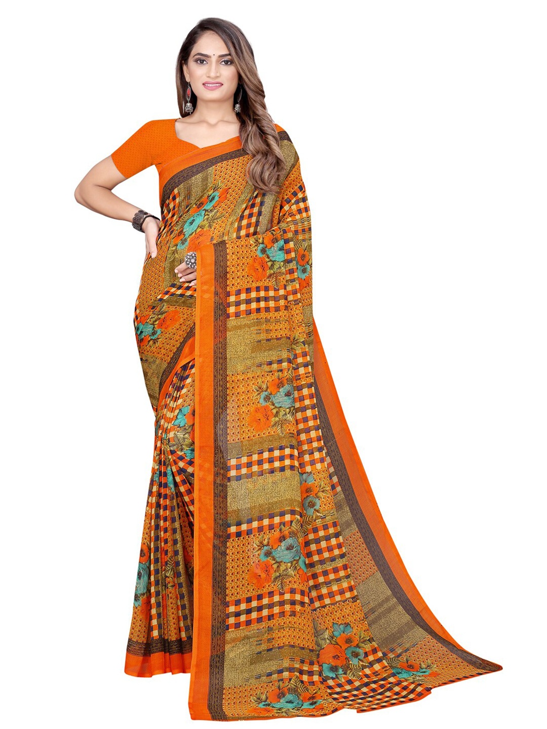 

Florence Women Orange & Blue Floral Pure Georgette Maheshwari Saree