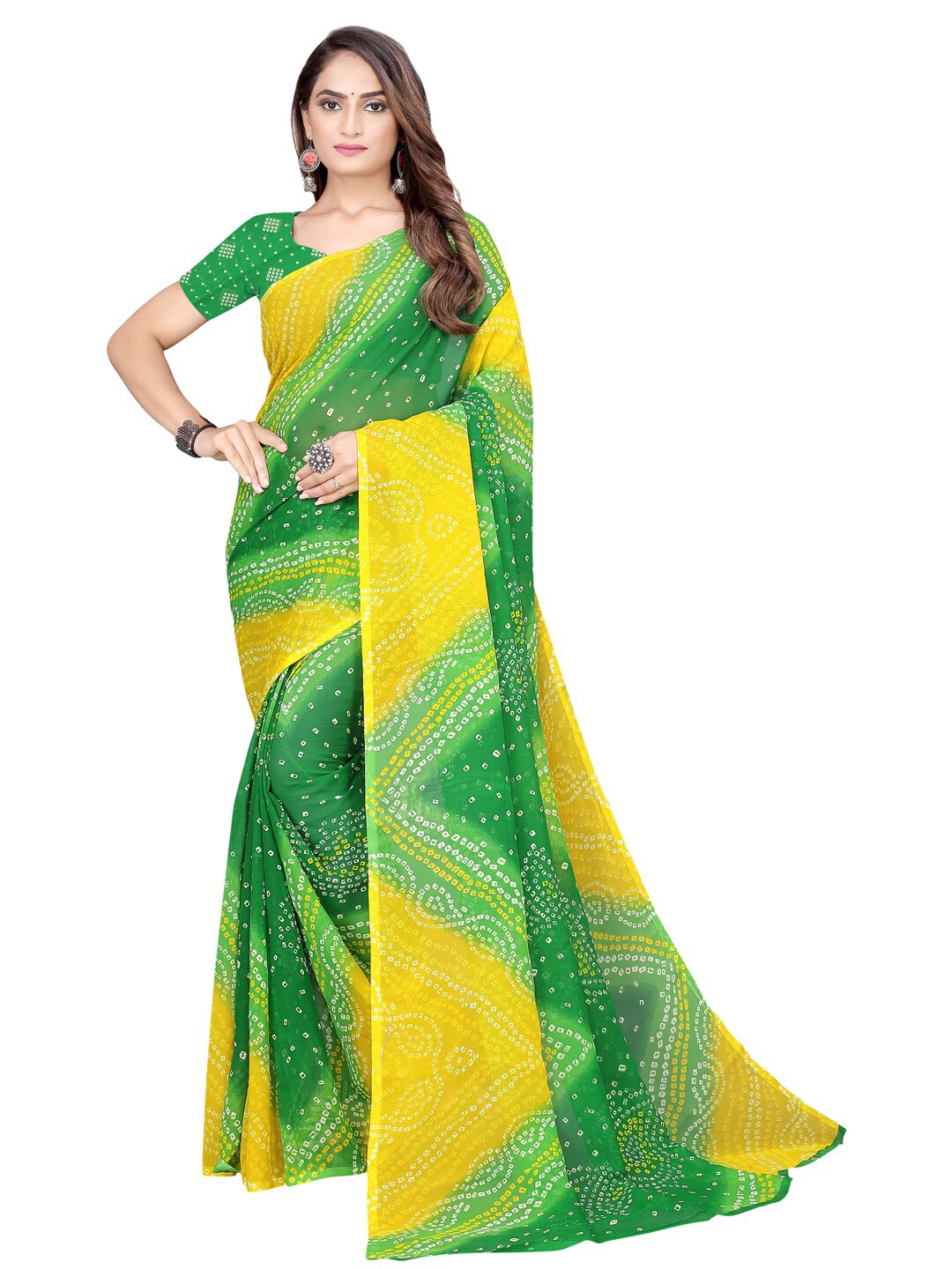 

Florence Green & Yellow Bandhani Pure Georgette Bandhani Saree