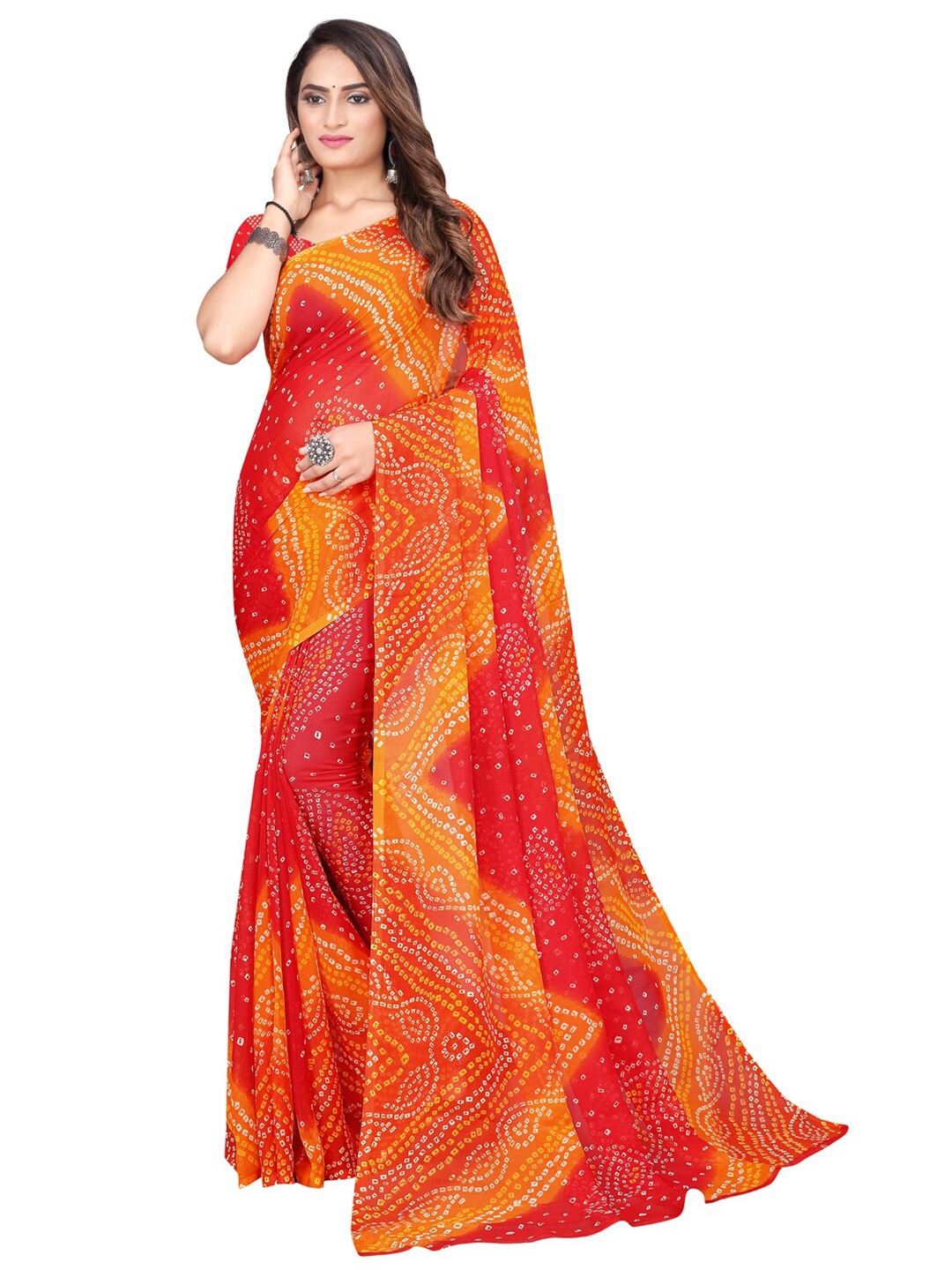 

Florence Red & Yellow Pure Georgette Bandhani Saree