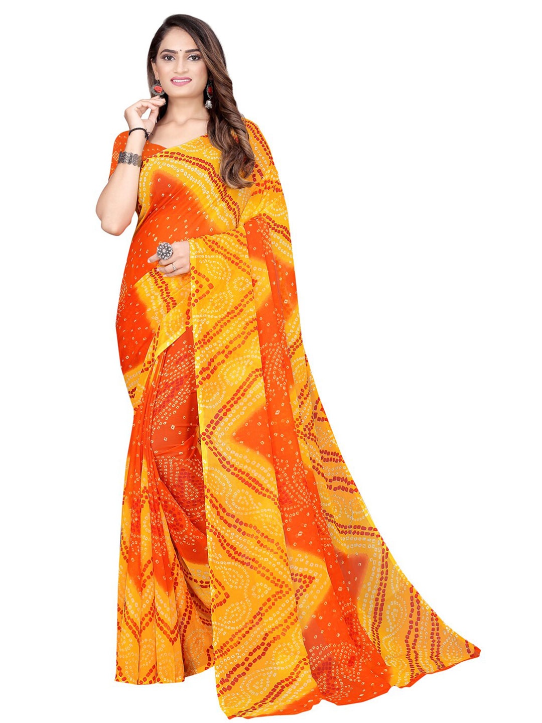 

KALINI Orange & Yellow Printed Bandhani Pure Georgette Bandhani Saree