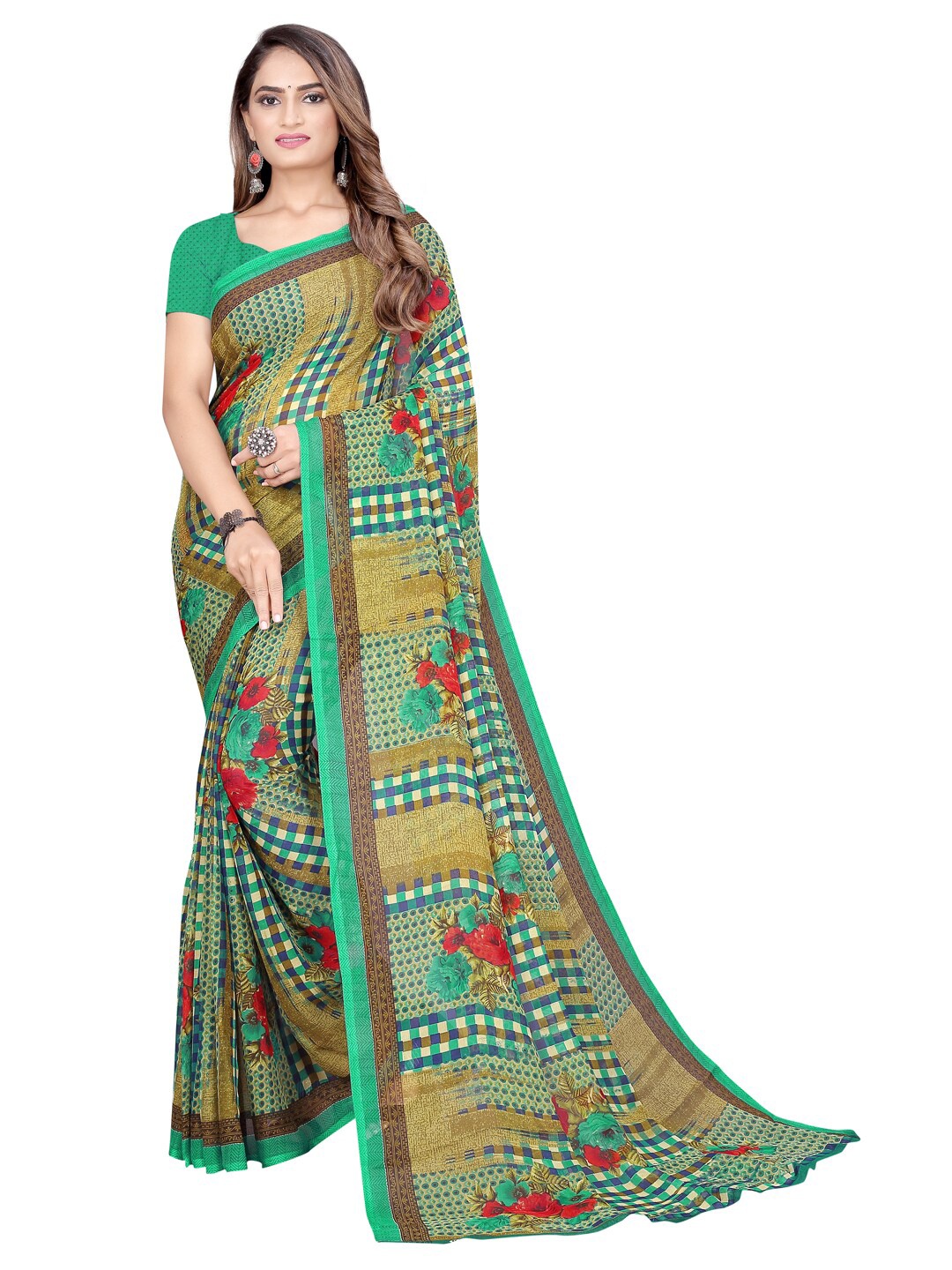 

KALINI Sea Green & Red Floral Pure Georgette Maheshwari Saree With Unstitched Blouse
