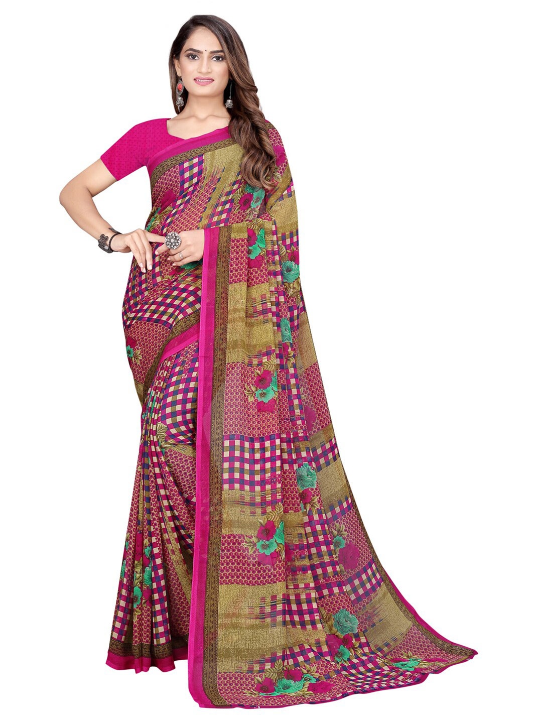 

KALINI Pink & Blue Floral Pure Georgette Maheshwari Saree