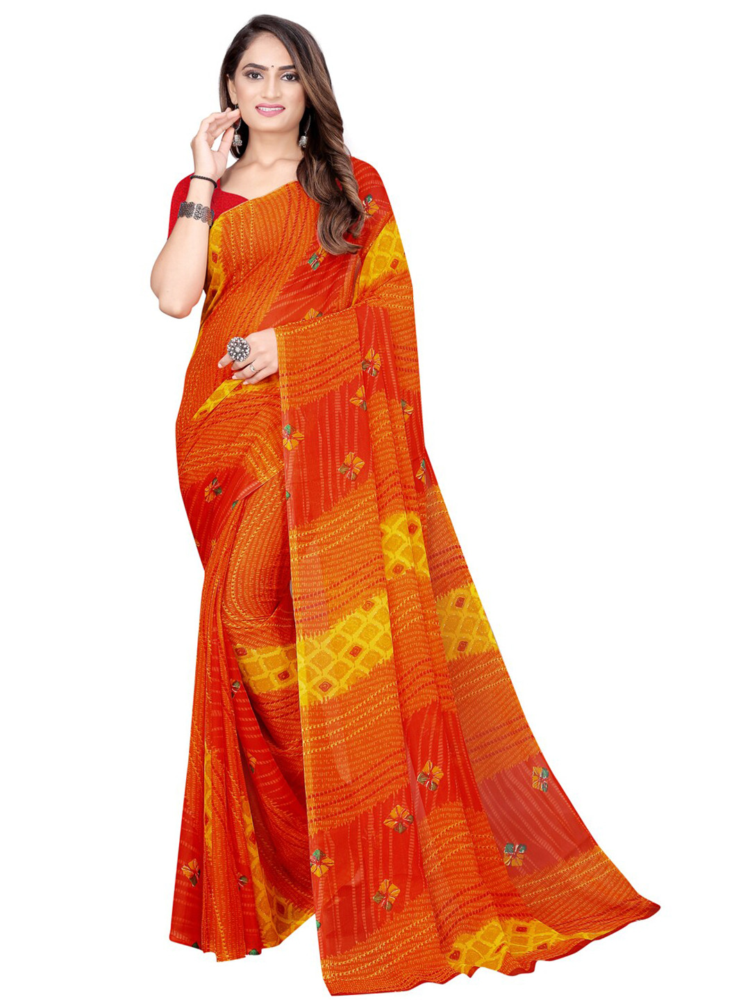 

KALINI Orange & Red Bandhani Pure Georgette Bandhani Saree