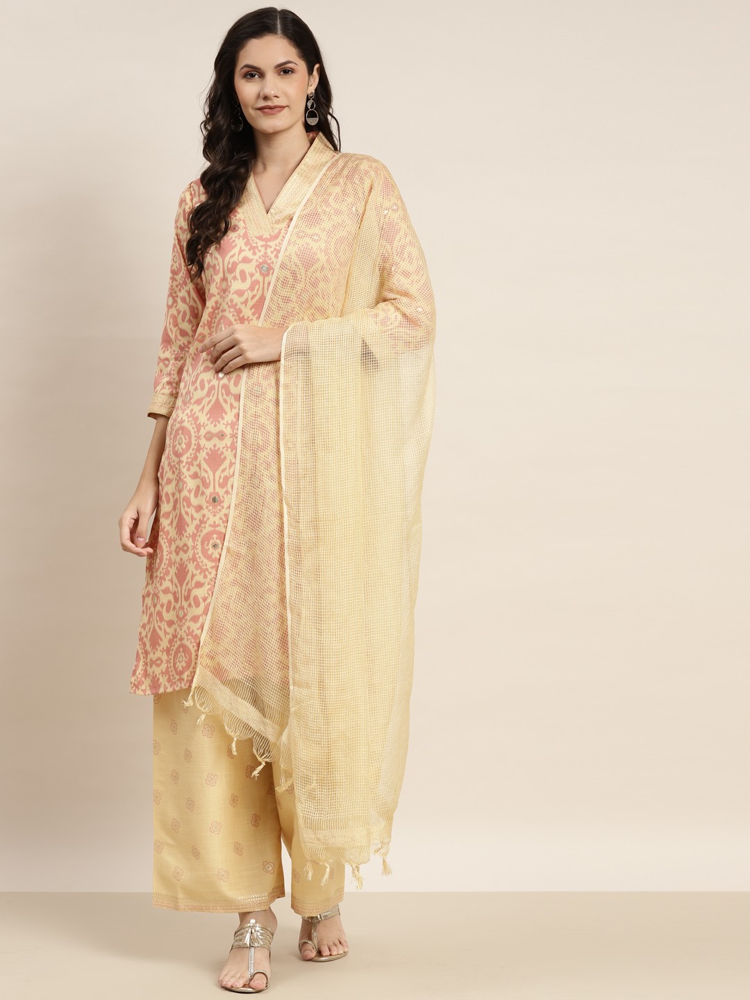 

Jompers Women Cream-Coloured Ethnic Motifs Printed Kurta with Palazzos & Dupatta
