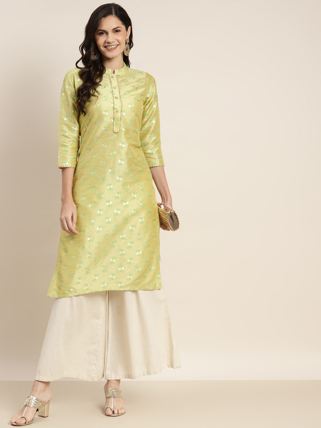 

Jompers Women Lime Green Floral Printed Gotta Patti Kurta