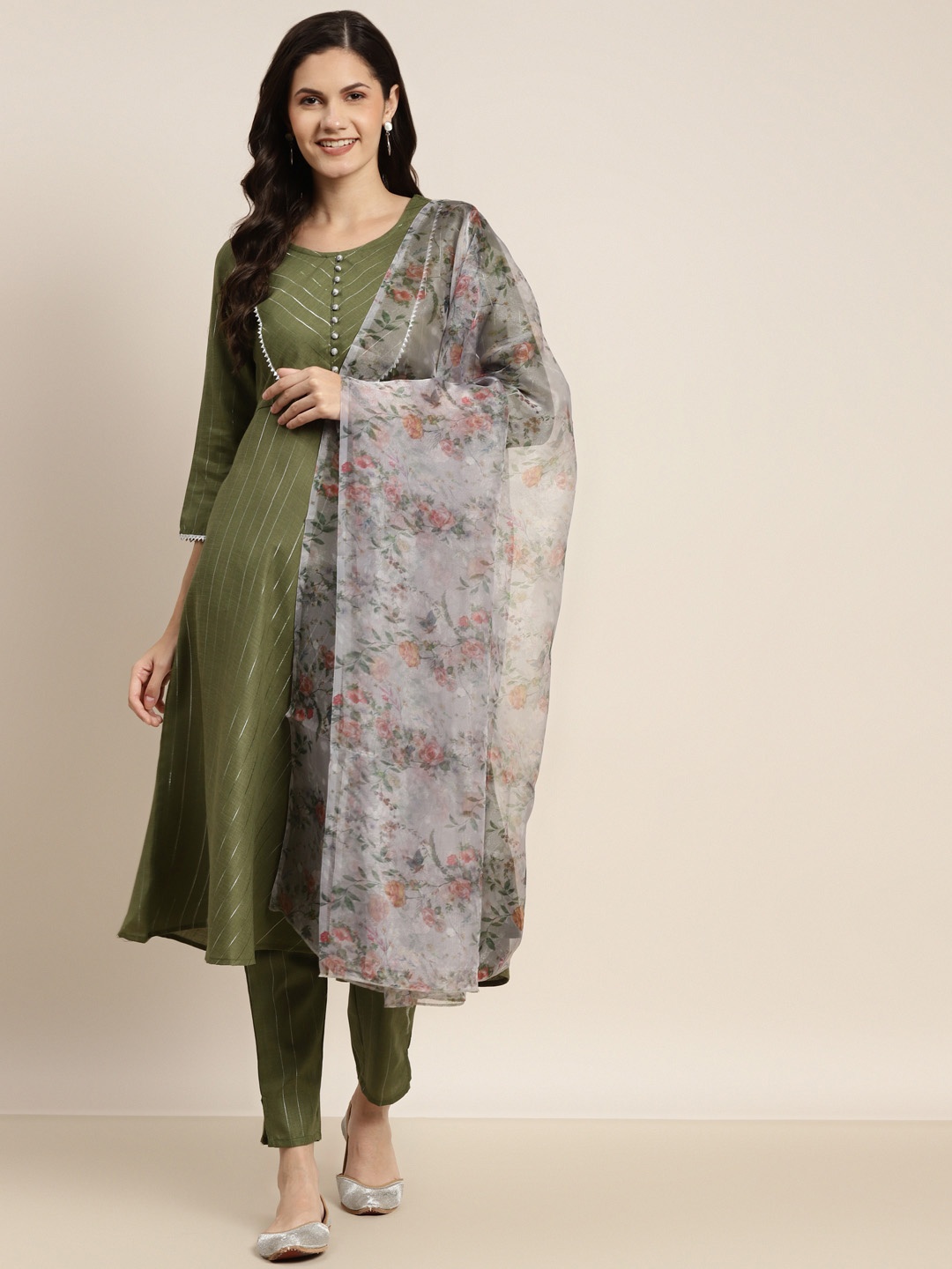 

Jompers Women Olive Green Striped Empire Gotta Patti Kurta with Trousers & Dupatta