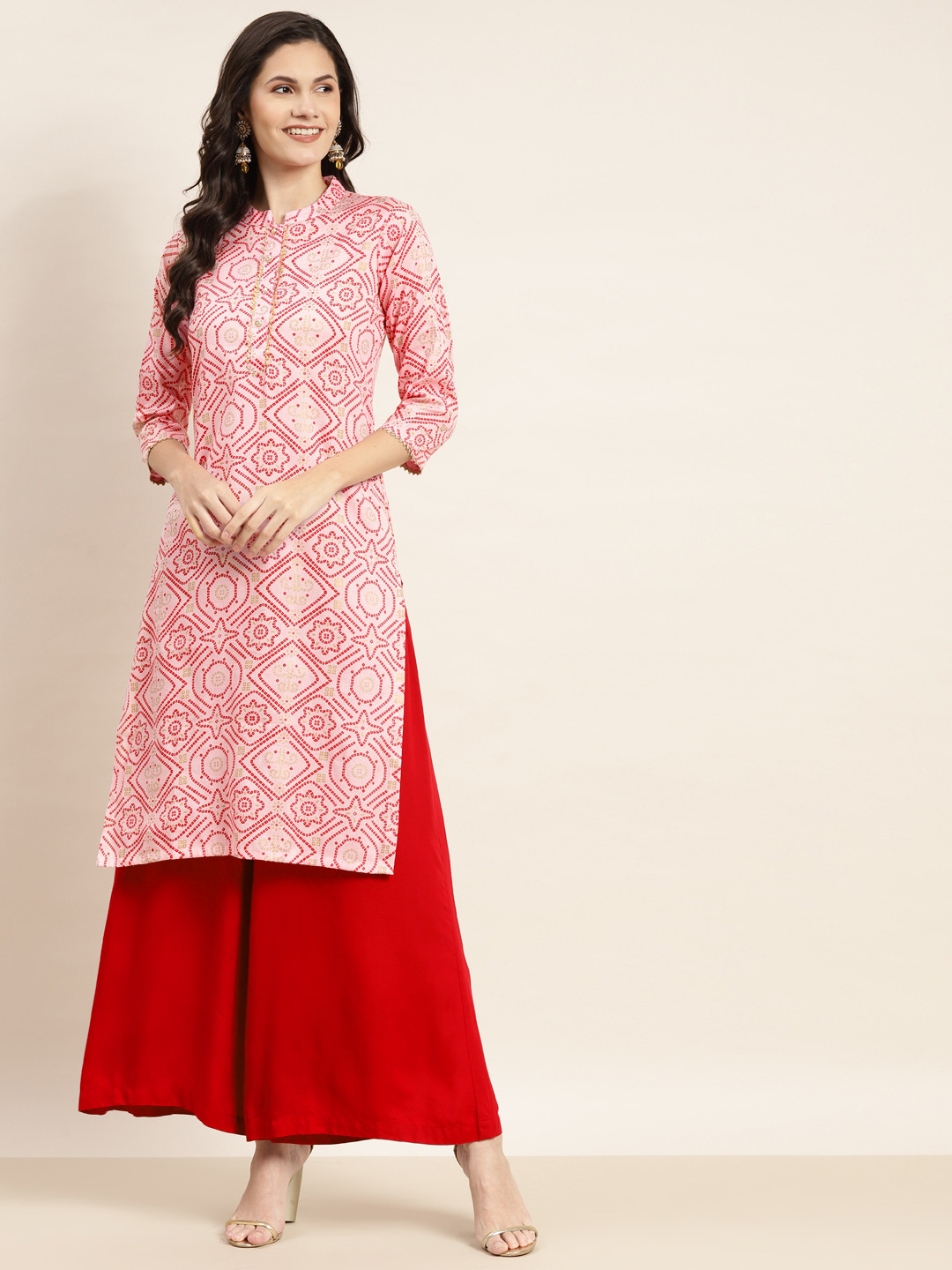 

Jompers Women Pink Bandhani Printed Gotta Patti Cotton Kurta