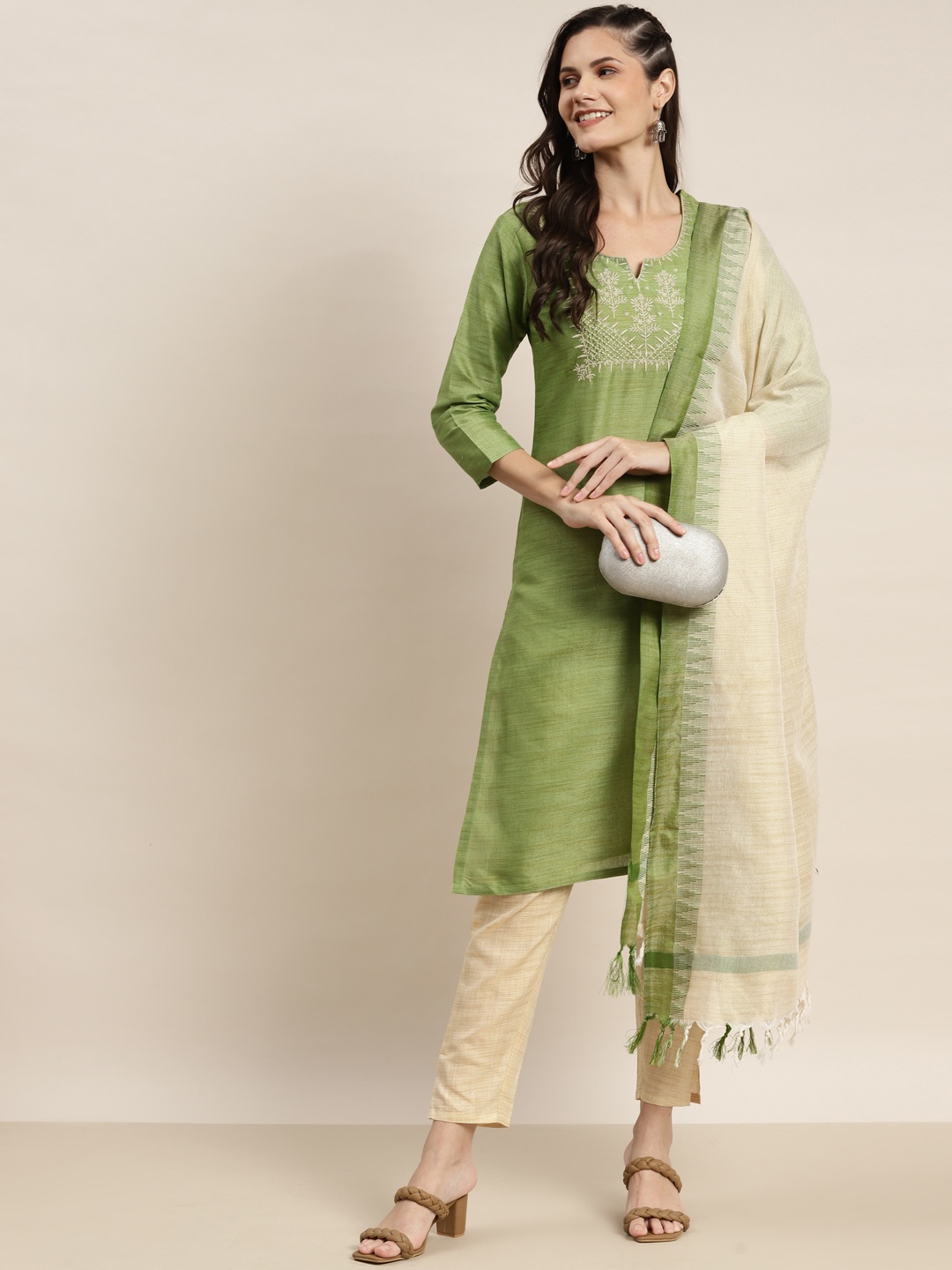 

Jompers Women Green & Beige Embroidered Cotton Silk Kurta with Trousers & Dupatta