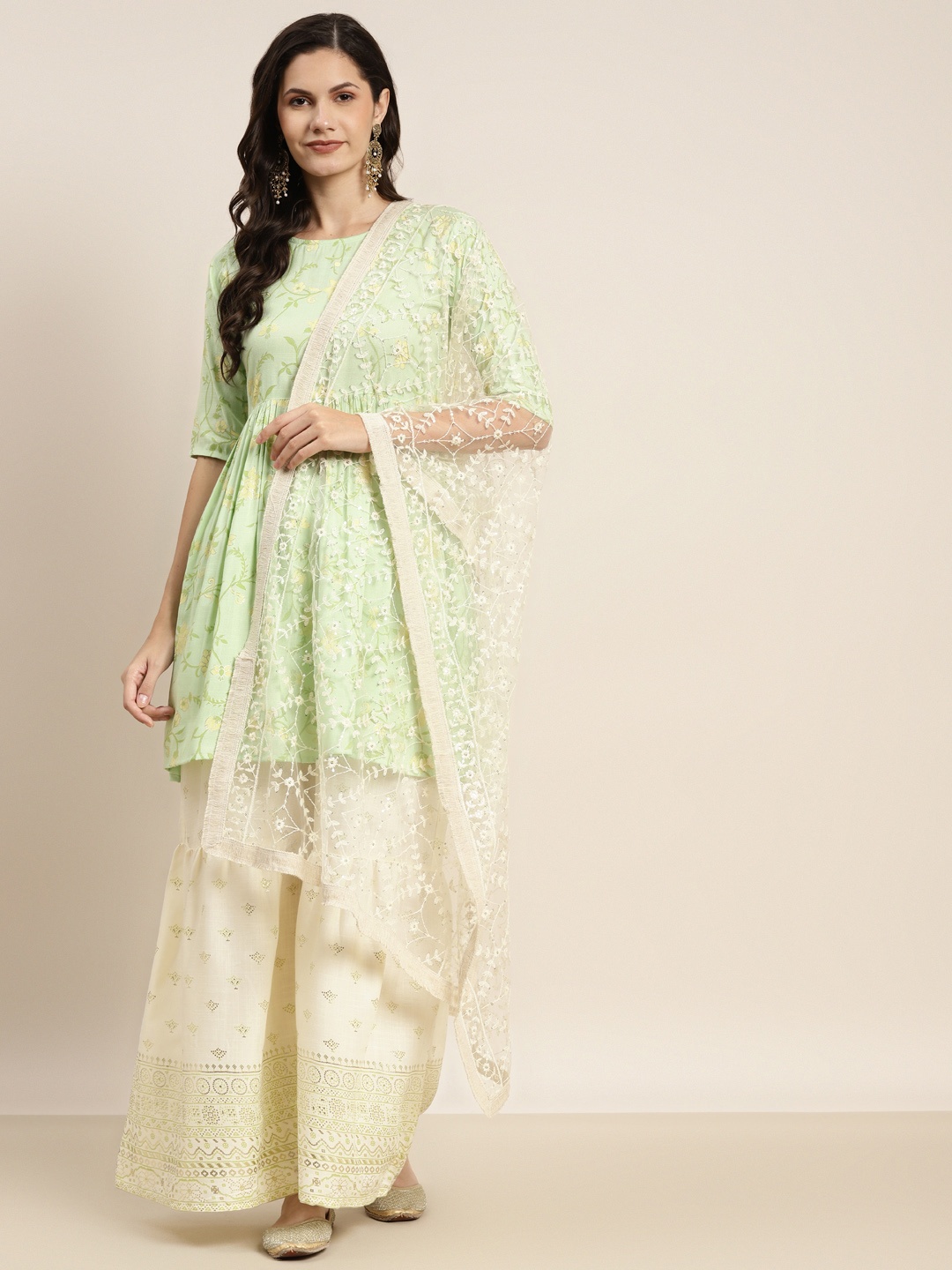 

Jompers Women Green Ethnic Motifs Printed Empire Kurta with Sharara & Dupatta