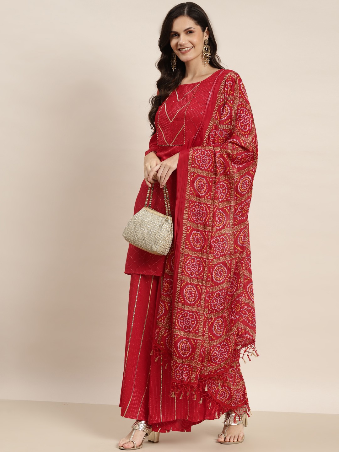 

Jompers Women Red Embroidered Gotta Patti Kurta with Palazzos & With Dupatta