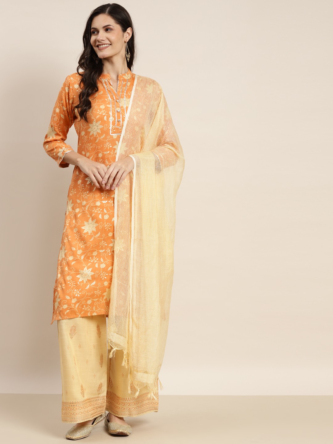 

Jompers Women Orange Ethnic Motifs Printed Gotta Patti Kurta with Palazzos & Dupatta