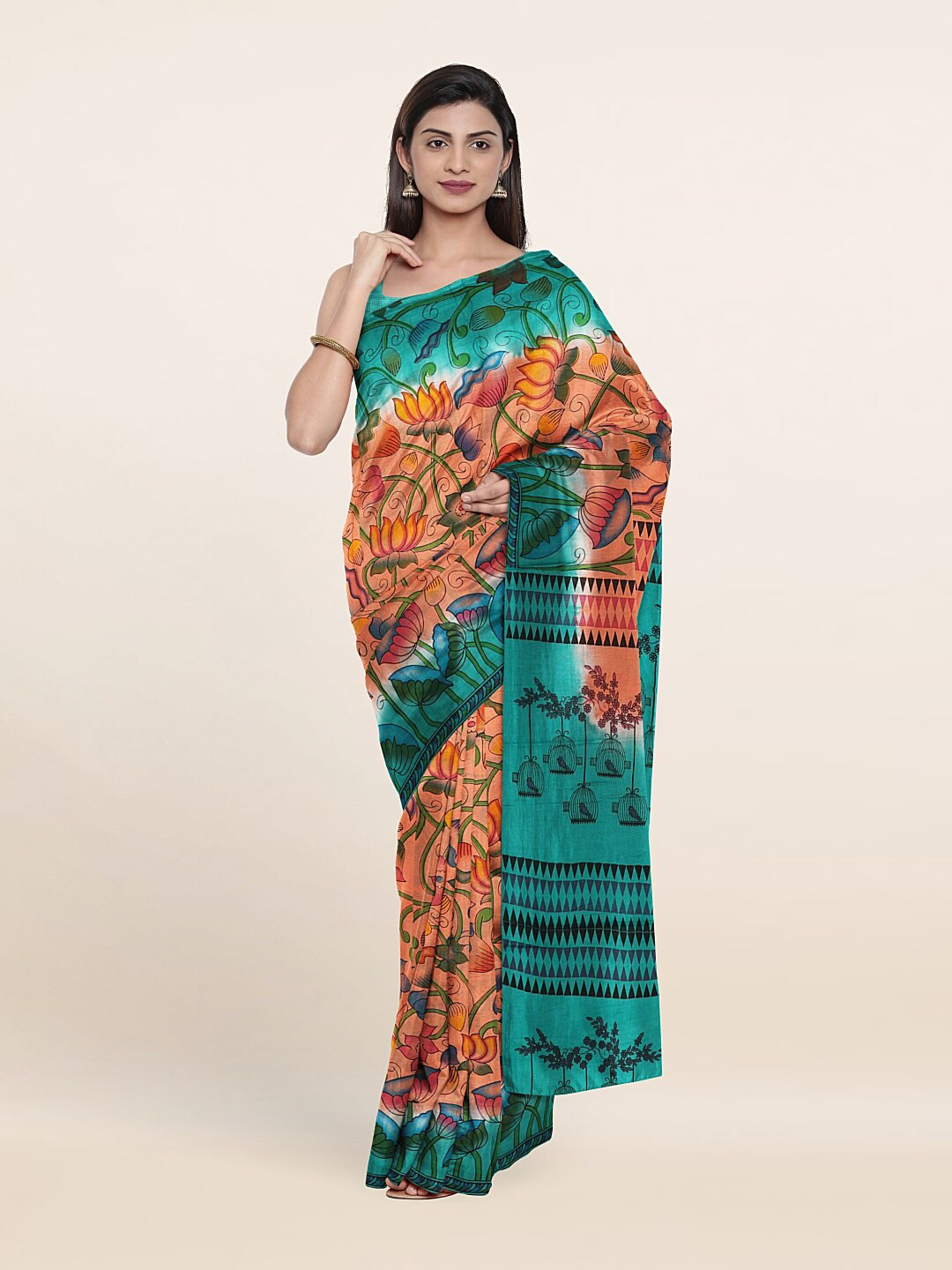 

Pothys Peach-Coloured & Green Floral Pure Cotton Saree