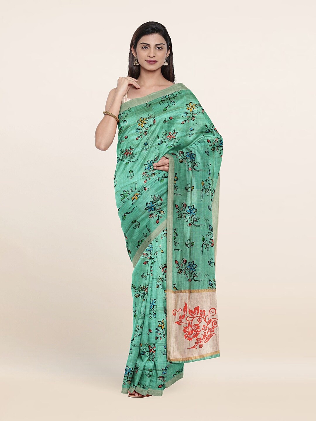 

Pothys Green & Peach-Coloured Floral Printed Pure Cotton Saree
