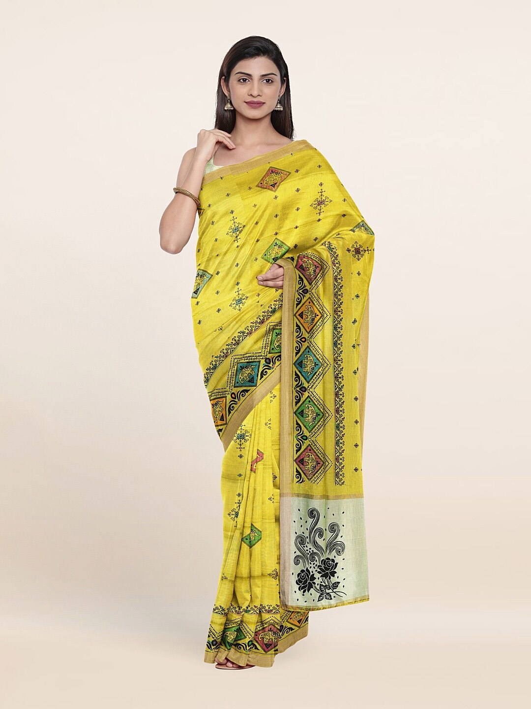 

Pothys Yellow & Black Ethnic Motifs Printed Pure Cotton Saree