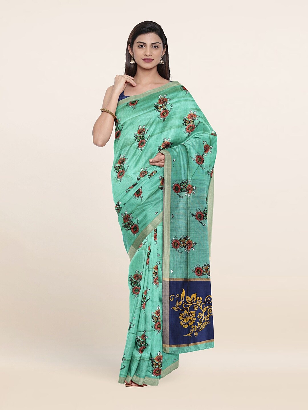 

Pothys Women Green & Yellow Floral Zari Pure Cotton Saree