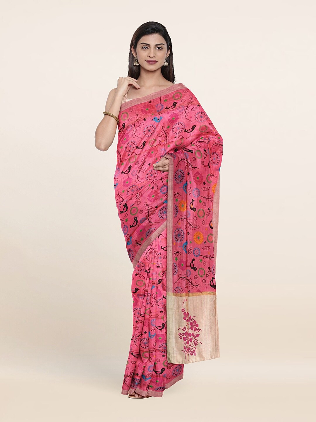 

Pothys Women Pink & Gold-Toned Floral Zari Pure Cotton Saree