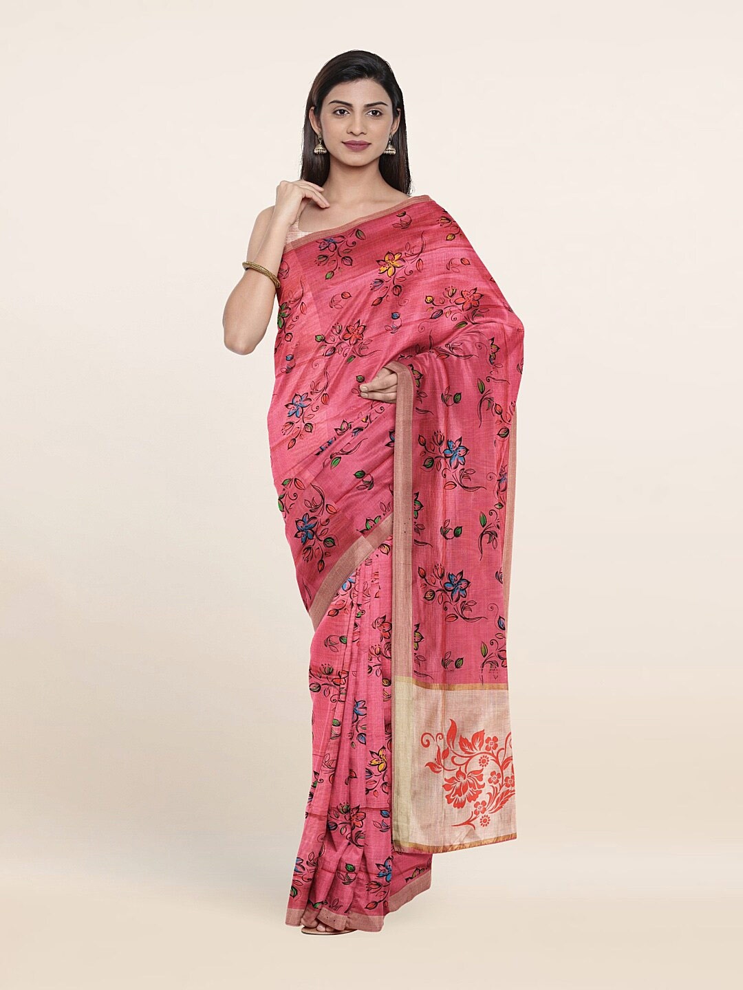 

Pothys Pink & Green Floral Pure Cotton Saree