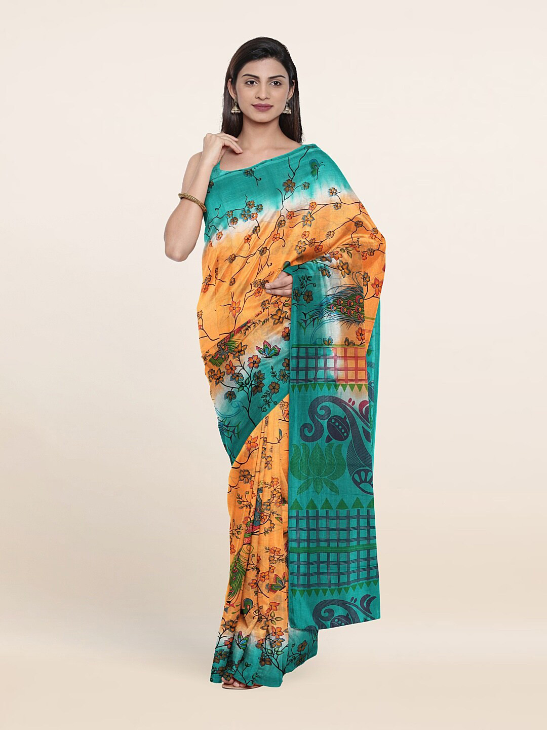

Pothys Peach-Coloured & Green Floral Pure Cotton Saree