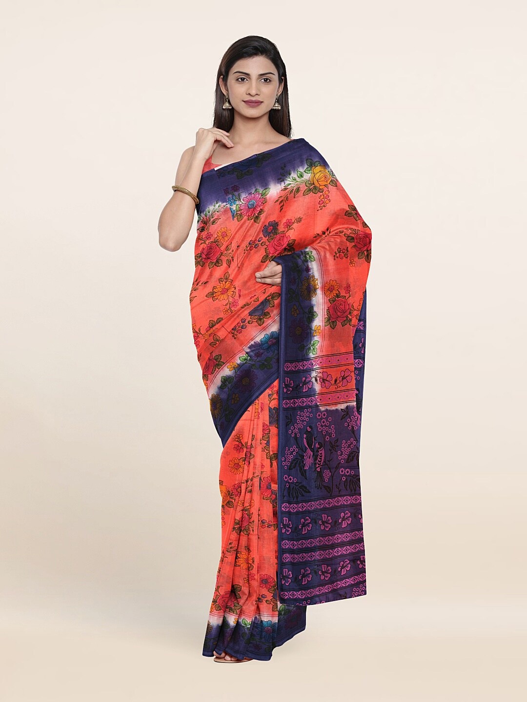 

Pothys Pink & Navy Blue Floral Pure Cotton Saree