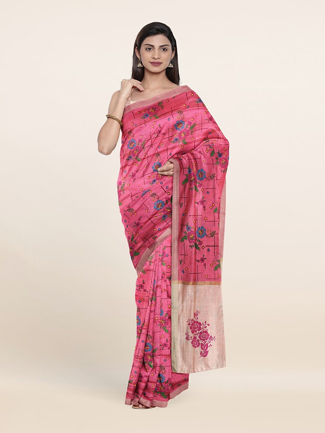 

Pothys Pink & Green Floral Pure Cotton Saree