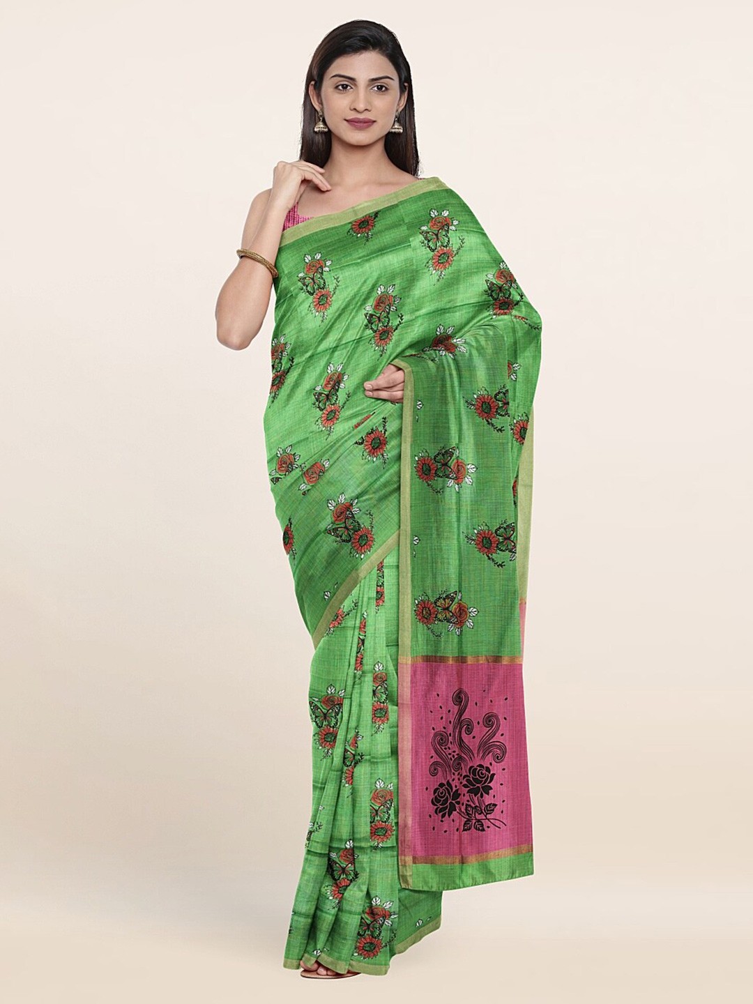 

Pothys Green & Pink Floral Zari Pure Cotton Saree