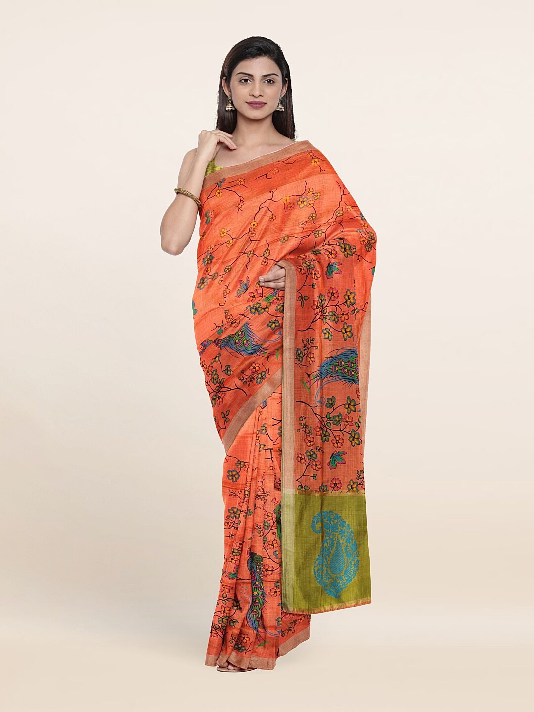 

Pothys Peach-Coloured & Green Floral Zari Pure Cotton Saree