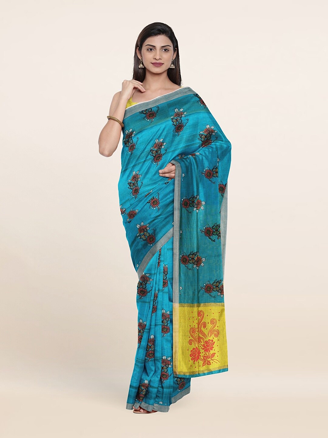 

Pothys Blue & Yellow Floral Pure Cotton Saree