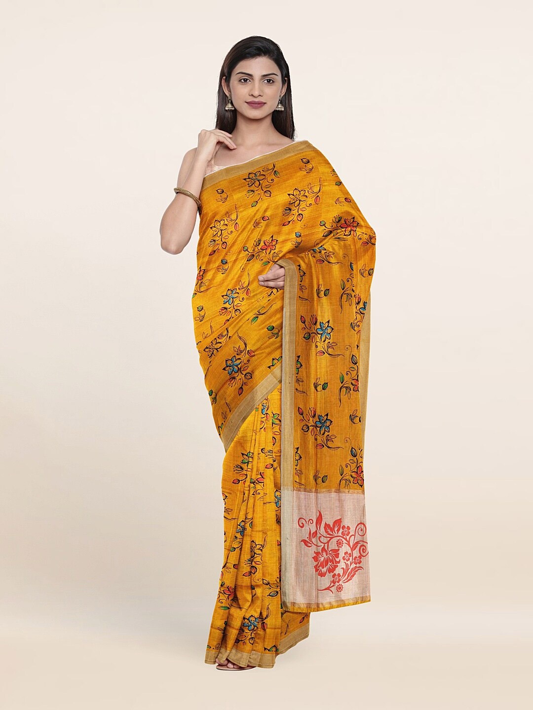 

Pothys Mustard & Red Floral Zari Pure Cotton Saree