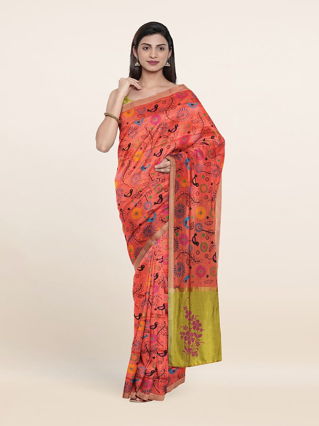 

Pothys Peach-Coloured & Orange Floral Zari Pure Cotton Saree