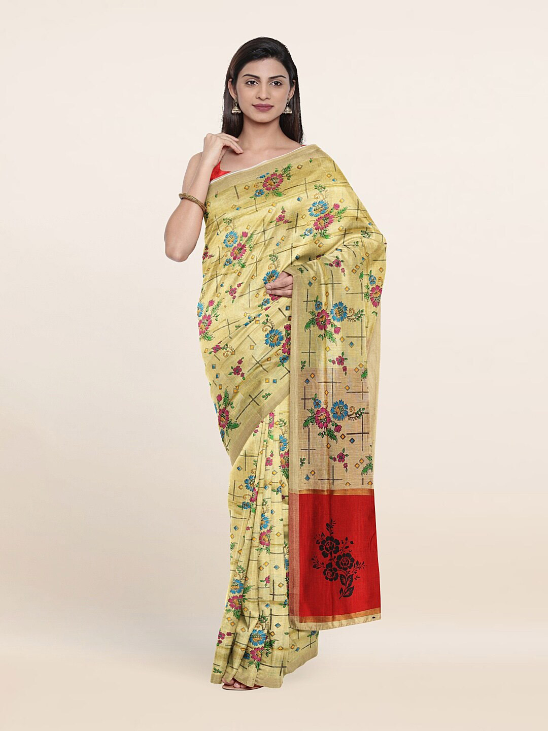 

Pothys Green & Red Floral Printed Pure Cotton Saree