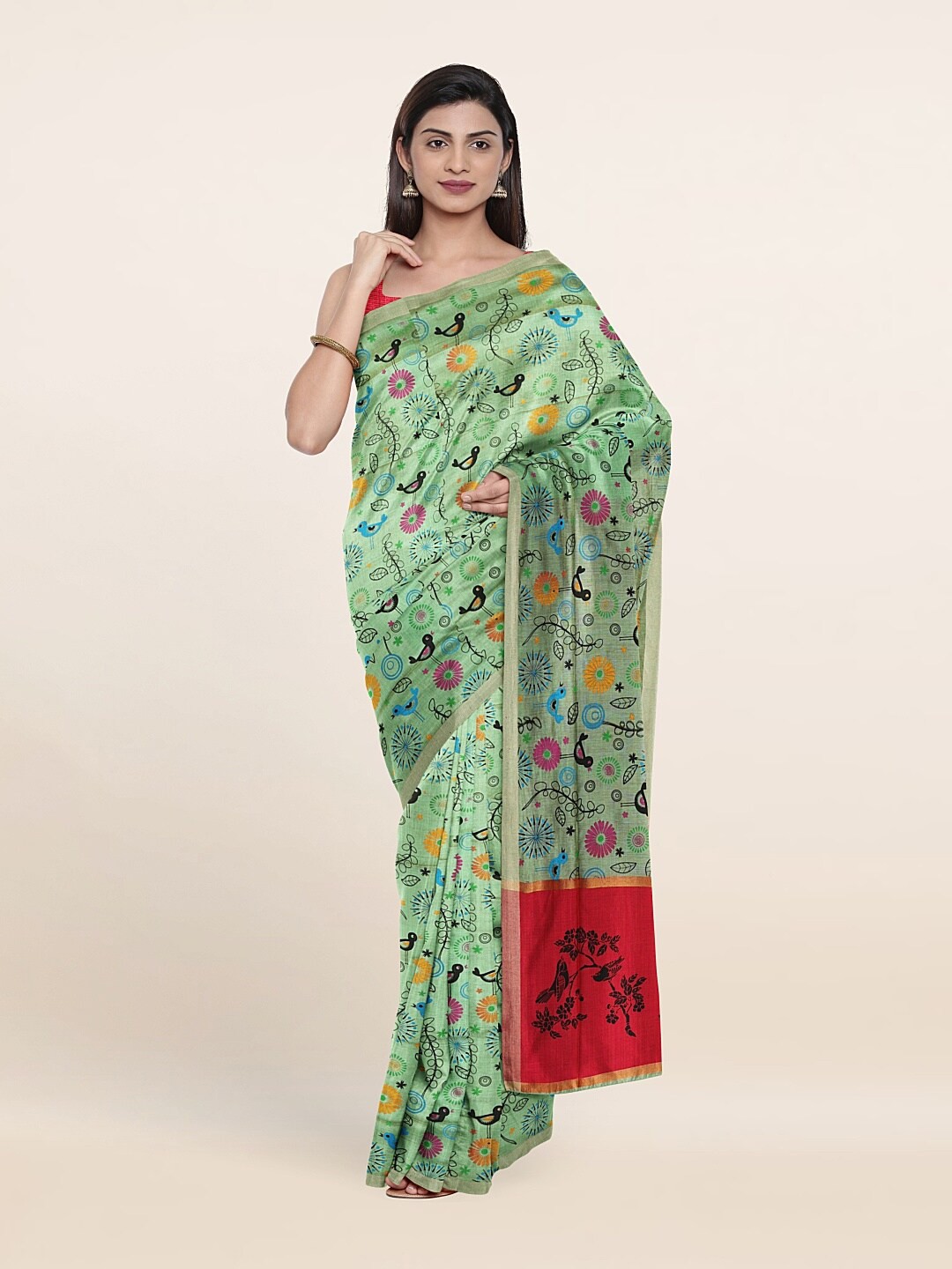 

Pothys Green & Red Floral Pure Cotton Saree