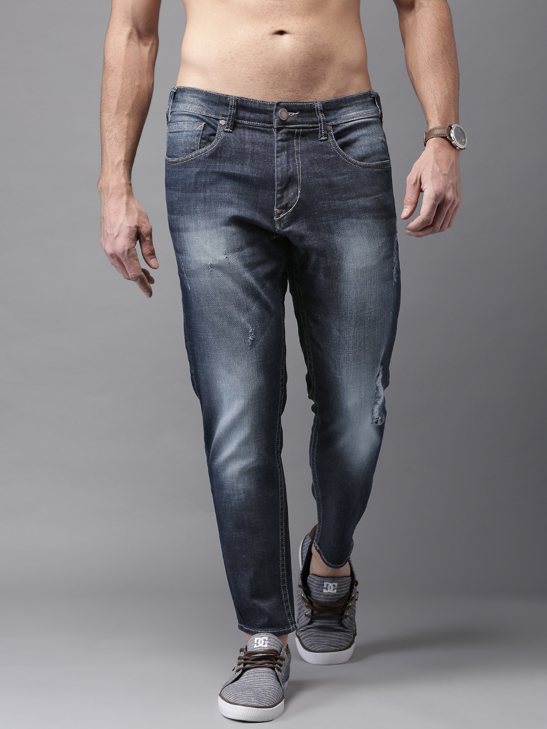 

HERE&NOW Men Ankle Length Mid-Rise Tapered Fit Blue Mildly Distressed Jeans