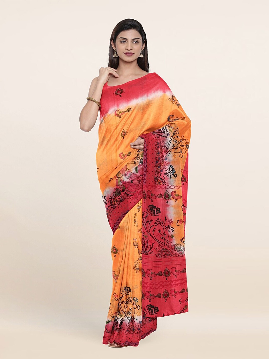 

Pothys Peach-Coloured & Yellow Ethnic Motifs Pure Cotton Saree